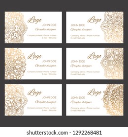 Oriental business cards design templates vector collection. Set of luxury golden arabic ornaments for identity, web and prints with sample text