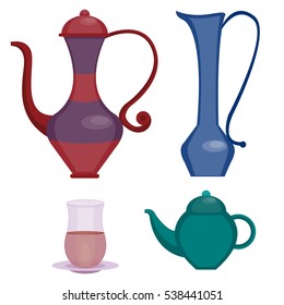 Oriental cafe tea and coffee set. Teapot and glasses, pitcher. Arabian Coffee break. Vector illustration, cartoon style