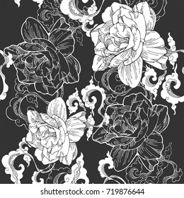 oriental Cape jasmine and and aroma cloud design for seamless pattern vector with gray black tone