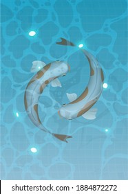 Oriental carp underwater. View from above. Turquoise surface of water in the ocean with fishes. Background for a summer poster, foyer or postcard. 