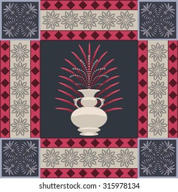 Oriental carpet vase and leaf decor element. Rug tile with vintage jar of abundance symbol and exotic tree leaf.
