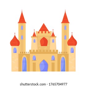 Oriental castle arabic baroque style. Elegant palace white brick temple minarets on sides red tiled domes graceful central doors openwork bars elongated windows blue. Eastern cartoon vector style.