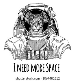 Oriental cat with big ears Astronaut. Space suit. Hand drawn image of lion for tattoo, t-shirt, emblem, badge, logo patch kindergarten poster children clothing