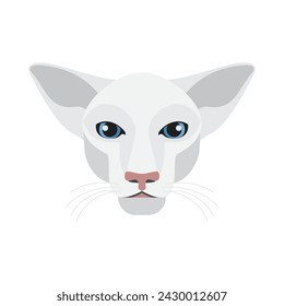 Cara de gato oriental, cabeza de gatito blanco con ojos azules, orejas grandes y bozal de forma de triángulo ilustración vectorial