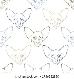 Oriental cat face. Seamless vector pattern on white. Hand-drawn vector illustration. Animal art background.
