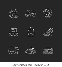 Oriental chalk white icons set on dark background. Taiwanese national recreational stuff demonstration. Asian culture. Ethnic heritage. Isolated vector chalkboard illustrations on black