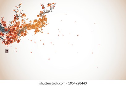 Oriental cherry blossom branch and falling sakura petals. Traditional oriental ink painting sumi-e, u-sin, go-hua in vintage style. Translation of hieroglyph - beauty.
