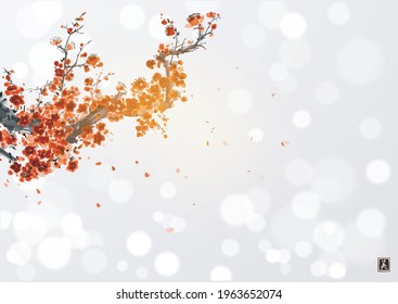 Oriental cherry blossom branch and falling sakura petals. Traditional oriental ink painting sumi-e, u-sin, go-hua on white glowing background. Translation of hieroglyph - beauty.