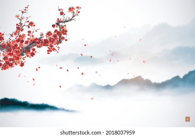 Oriental cherry blossoming branch, petals on the wind and distant blue mountains. Traditional oriental ink painting sumi-e, u-sin, go-hua. Translation of hieroglyph - eternity.