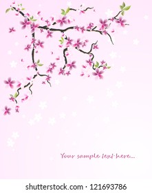 Oriental cherry branch with flowers and leaves. A card with copy space. Vector. eps 8