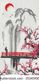 Oriental cherry branches, waterfall and red bridge. Picture in traditional japanese sumi-e style on vintage watercolor background. Vector illustration. Hieroglyph "harmony".