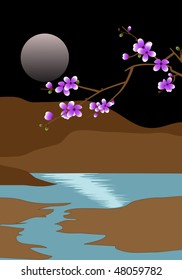 Oriental cherry flowers in a night landscape. An ethnic illustration