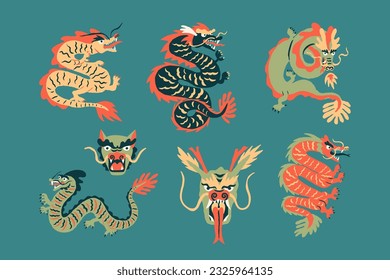 Oriental Chinese green wooden dragon set, lunar symbol incoming 2024 New Year, Traditional Asian mythical animal collection. Vector hand-drawn illustration with retro vibes.