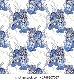 oriental Chinese or Japanese traditional art  Tiger walking on fire design for Porcelain seamless  pattern blue tone with white background