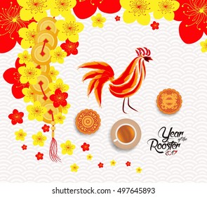 Oriental Chinese New Year background with lantern, tea and cake