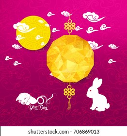 Oriental Chinese New Year background with lantern, rabbit. Year of the dog