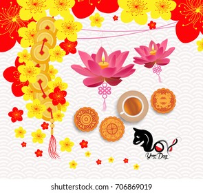 Oriental Chinese New Year background with lantern, tea and cake. Year of the dog