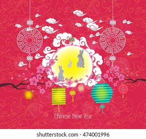 Oriental Chinese New Year lantern and rabbit background