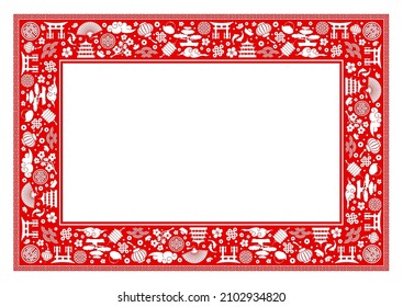 Oriental chinese rectangle frame. Traditional asian objects, paper lanterns, clouds, fans, fish, auspicious symbols etc. Red and white colors. Vector illustration.