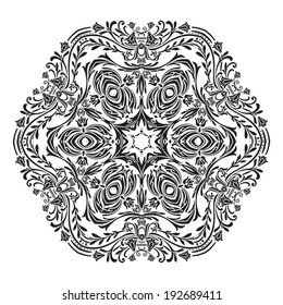 Oriental circle lace ornament, round ornamental geometric doily pattern, christmas snowflake decoration. Vector indian paisley