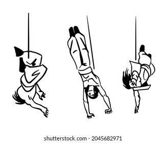 
Oriental circus performer hanging on a rope. Black and white hand drawn vector sketch.