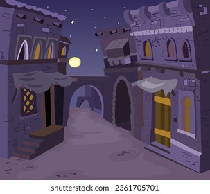 oriental city at night with old houses under moon vector illustration