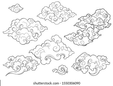 Oriental Cloud or Japanese Cloud or Chinese Cloud doodle hand drawing style set object clip art vector with white background