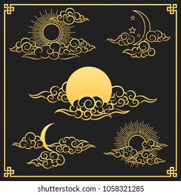 Oriental clouds, sun and moon. Gold sun and moon with clouds in old decorative traditional asian or chinese style vector illustration