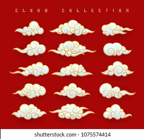 Oriental clouds. Vector chinese or japanese water clouds graphic set on red background for oriental design
