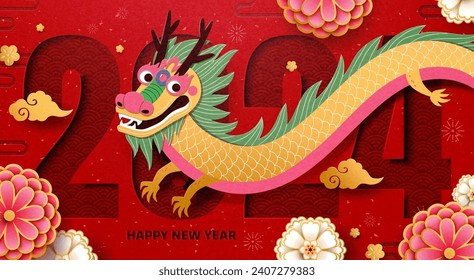 Oriental CNY dragon year greeting card. Dragon and peony flowers on red wave pattern 2024 background.