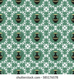 Oriental color abstract seamless ornament with amphora and geometric pattern. Vector illustration. Structure geometric and floral elements. Decorative image repetition and interleaving of components.