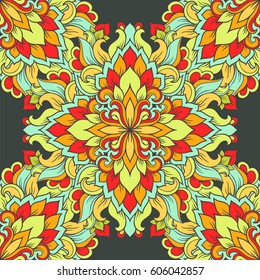 Oriental color ornament seamless pattern. Vector hand drawn floral folk background with mandala. Eastern ethnic decorative texture
