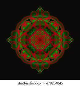 Oriental color symmetrical pattern with damask, arabesque and floral elements on a black background