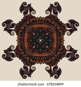 Oriental color symmetrical pattern with damask, arabesque and floral elements on a white background