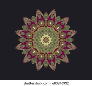 Oriental color symmetrical pattern with damask, arabesque and floral elements on a black background