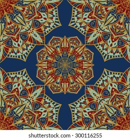 Oriental colorful ornament with gold contours. Seamless vector ornate background. Delicate pattern of mandalas. Template for rug.