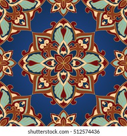 Oriental colorful ornament. Template for carpet, cover, textile, wallpaper and any surface. Seamless vector pattern of gold contours.