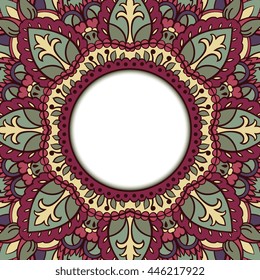 Oriental colorful ornamental frame. Background with filigree ornaments and place for text. Vector card. Book cover, vinyl cover, CD, DVD cover.