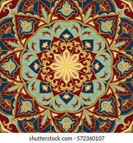 Oriental colorful pattern of mandalas. Vector rich ornament with floral elements. Template for textile, carpet, shawl.