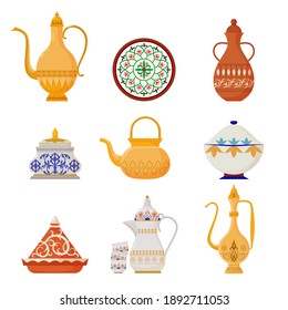 Oriental crockery with arabic script set. Syrian yellow teapots with ornate muslim designs red water jug ornate dish white moroccan porcelain pot turkish soup tureen for hot meals. artoon vector.