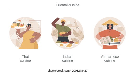 Oriental cuisine abstract concept vector illustration set. Thai, Indian and Vietnamese cuisine, spicy taste, asian recipe, homemade curry, vegetarian menu, spring roll, noodle abstract metaphor.