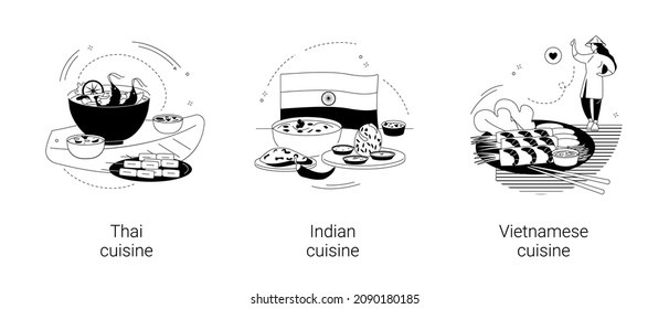 Oriental cuisine abstract concept vector illustration set. Thai, Indian and Vietnamese cuisine, spicy taste, asian recipe, homemade curry, vegetarian menu, spring roll, noodle abstract metaphor.