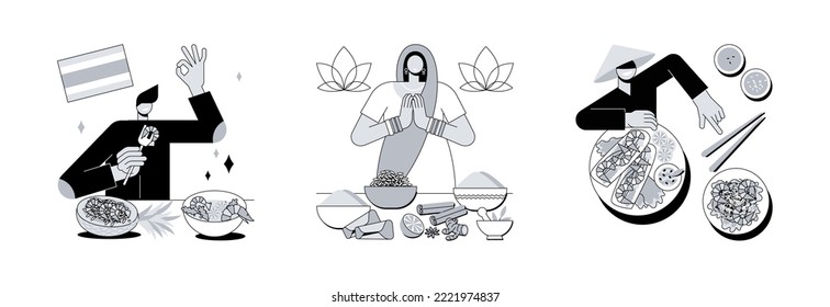 Oriental cuisine abstract concept vector illustration set. Thai, Indian and Vietnamese cuisine, spicy taste, asian recipe, homemade curry, vegetarian menu, spring roll, noodle abstract metaphor.