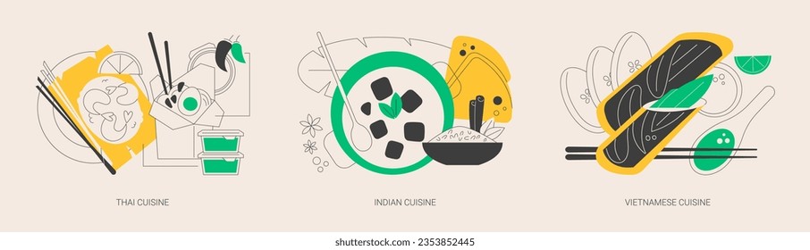 Oriental cuisine abstract concept vector illustration set. Thai, Indian and Vietnamese cuisine, spicy taste, asian recipe, homemade curry, vegetarian menu, spring roll, noodle abstract metaphor.