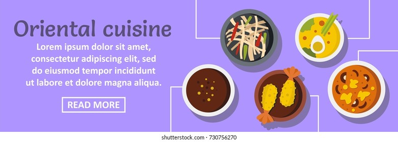 Oriental cuisine banner horizontal concept. Flat illustration of oriental cuisine banner horizontal vector concept for web design