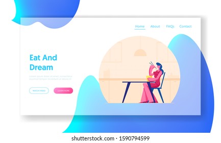 Oriental Cuisine and Chinese Food Website Landing Page. Woman Sitting in Restaurant or cafe Eating Noodles with Wooden Chopsticks. Asian Gastronomy Web Page Banner. Cartoon Flat Vector Illustration