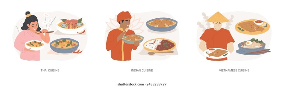 Orientalische Küche isoliertes Konzept Vektor Illustration Set. Thailändische, indische und vietnamesische Küche, würziger Geschmack, asiatisches Rezept, hausgemachtes Curry, vegetarisches Menü, Frühlingsrolle, Nudelvektorkonzept.