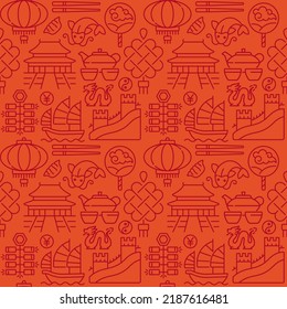 Oriental culture abstract seamless pattern. Editable vector shapes on orange background. Trendy texture with cartoon color icons. Design with graphic elements for interior, fabric, website decoration