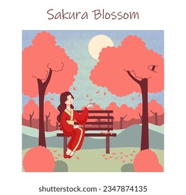 Oriental culture. Asian woman enjoying Hanami. Girl sitting under blooming sakura trees. Flat vector illustration
