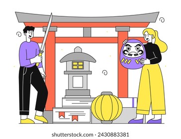 Oriental culture linear concept. Man with katana and woman with traditional asian balls and lamps. Chinese and japanese architecture. Simple flat vector illustration isolated on white background